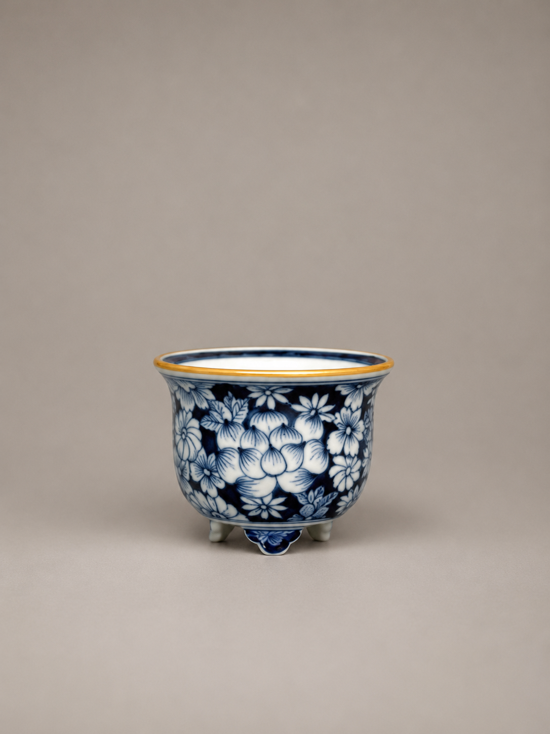 Blue-and-White Floral Flared-Rim Round Bonsai Pot