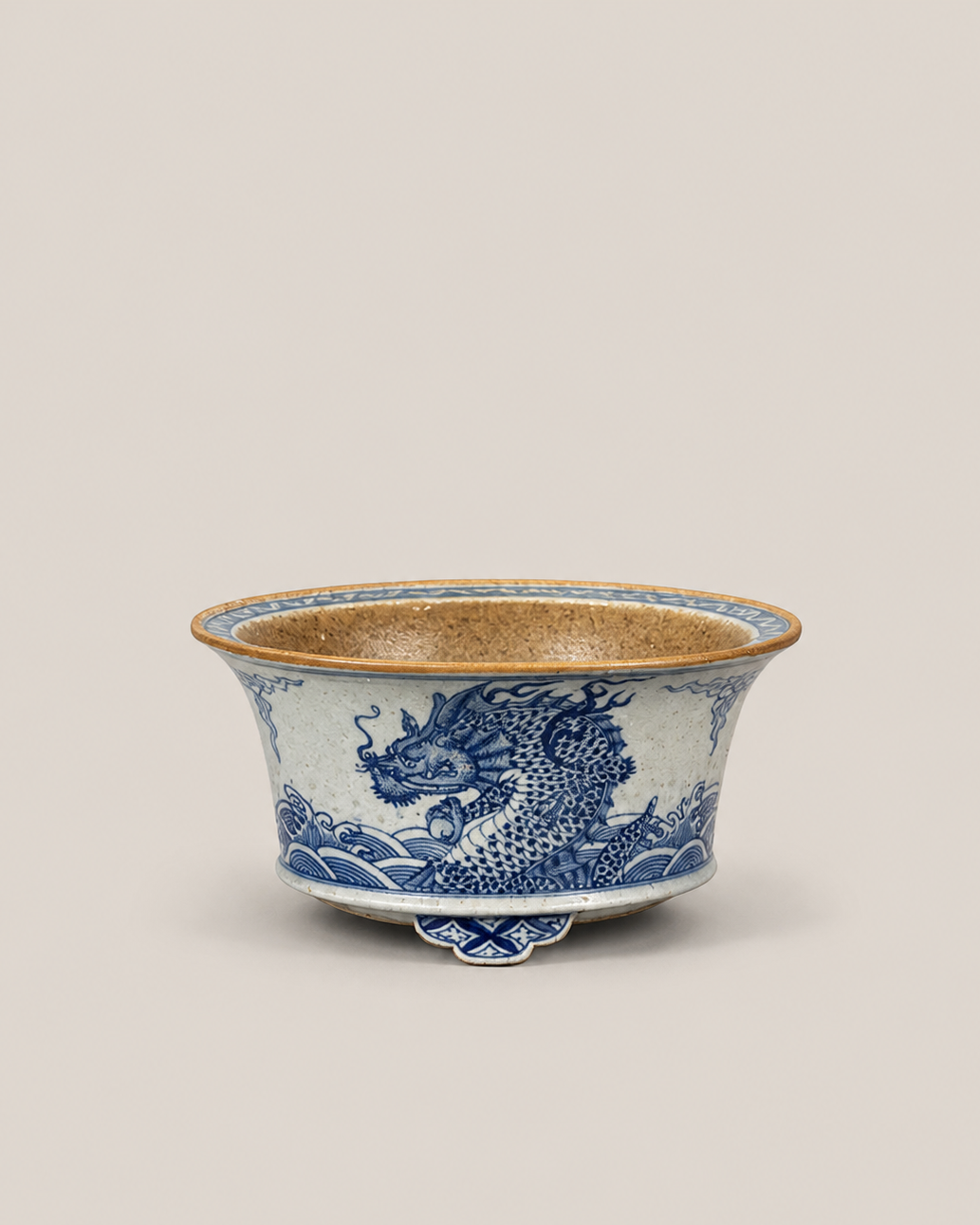 Dragon Among the Waves Coarse Stoneware Tripod Pot