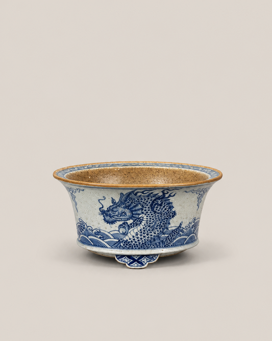 Blue-and-White Fish Transforming into Dragon Earthenware Bonsai Pot — full view