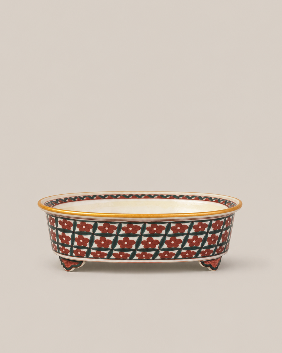 Crimson Lattice Floral Oval Pot
