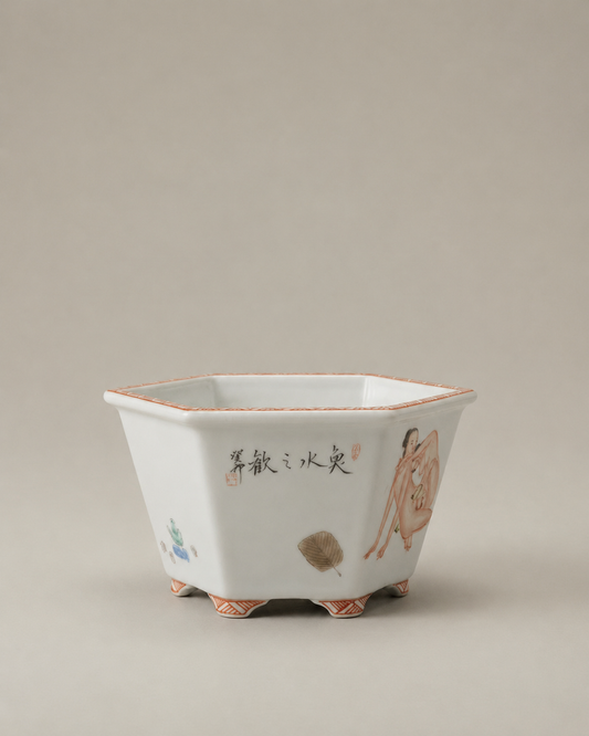 Ink-Color “Spring Palace” Scene Hexagonal Bonsai Pot — full view