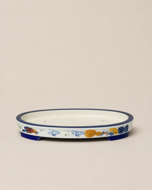 Flower and Bird Pattern Oval Shallow Pot — full view
