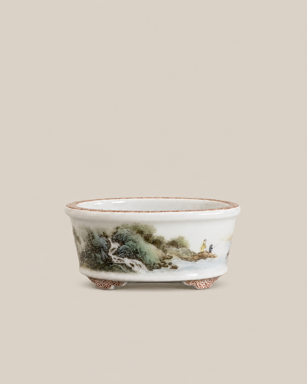 Green-and-Blue Landscape Oval Mame Bonsai Pot