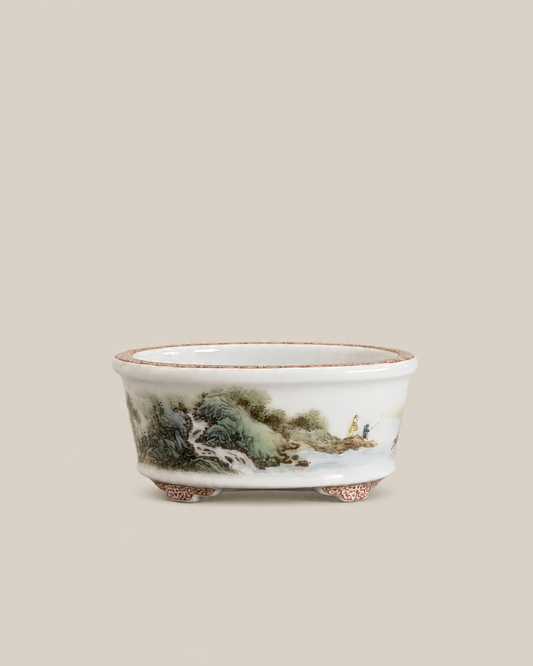 Green-and-Blue Landscape Oval Mini Bonsai Pot — full view