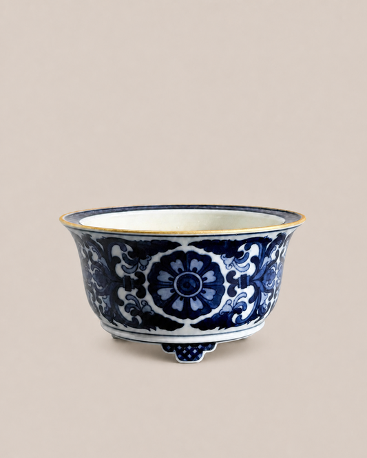 Blue-and-White Floral Scroll Bonsai Pot — full view