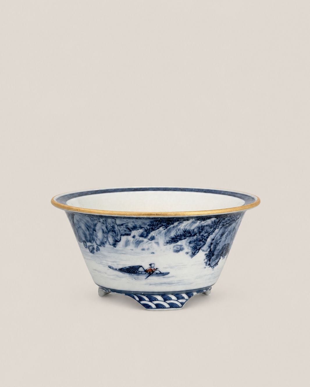 Blue-and-White Fisherman Landscape Round Bonsai Pot