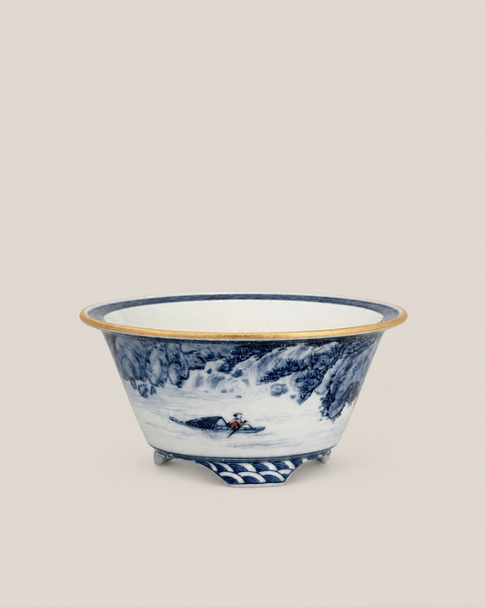 Blue-and-White Fisherman Landscape Round Bonsai Pot — full view