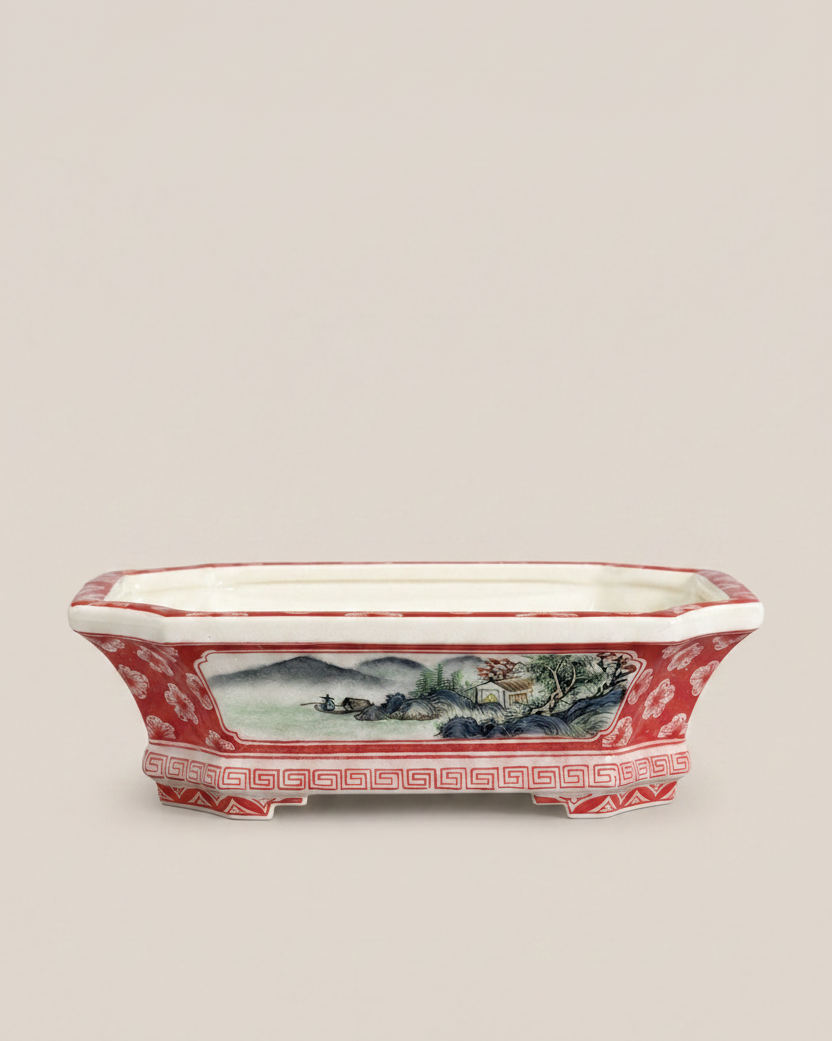 Framed Blue-Green Landscape Chamfered Rectangular Bonsai Pot
