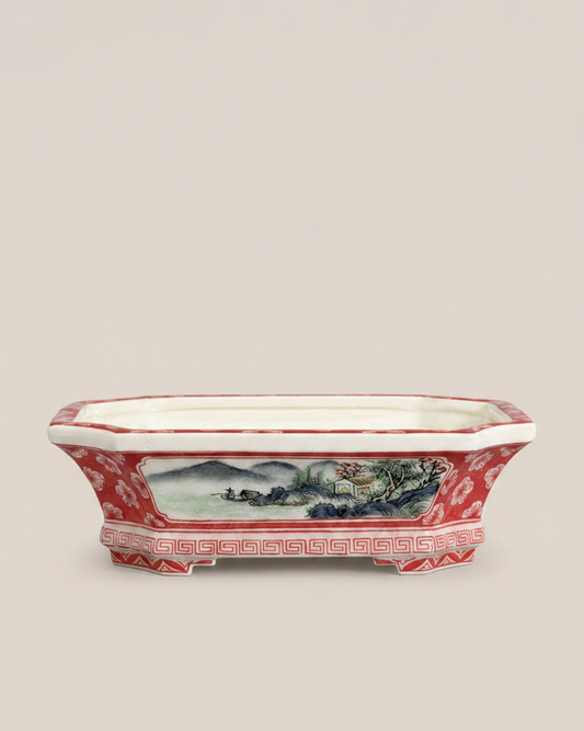 Framed Blue-Green Landscape Chamfered Rect. Bonsai Pot — full view