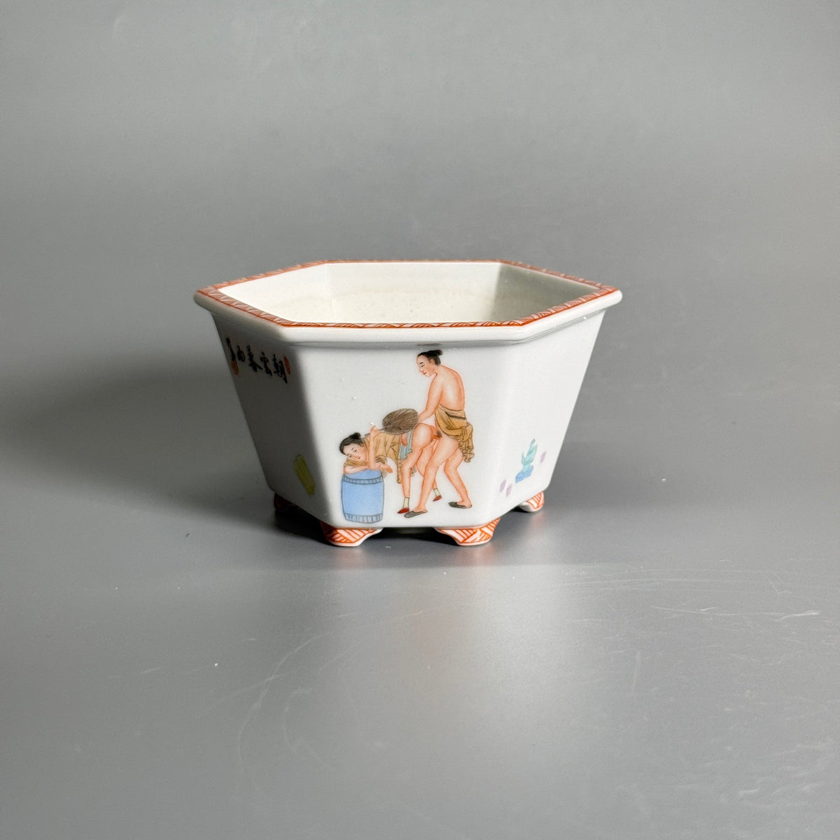 Ink-Color “Spring Palace” Scene Hexagonal Bonsai Pot — alternate view 2