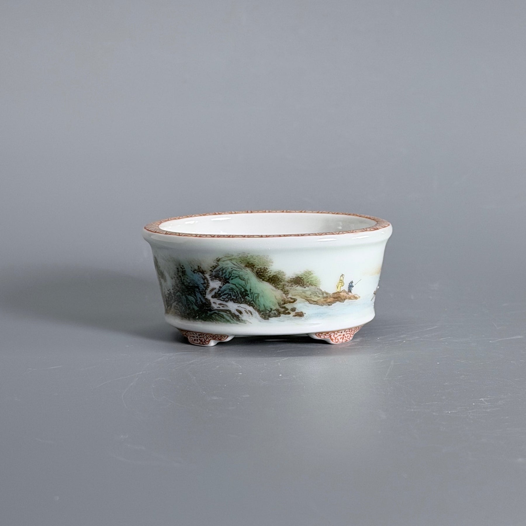 Green-and-Blue Landscape Oval Mame Bonsai Pot