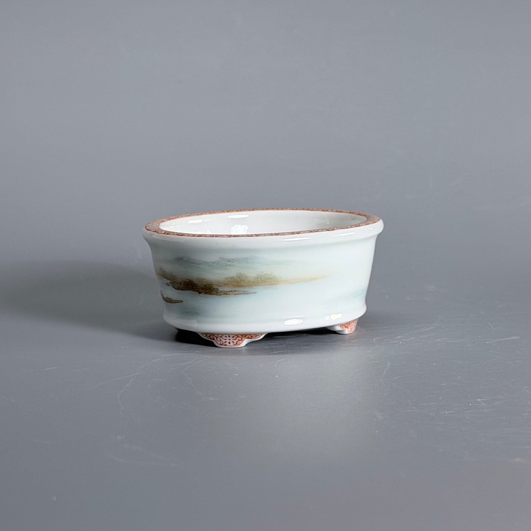 Green-and-Blue Landscape Oval Mame Bonsai Pot
