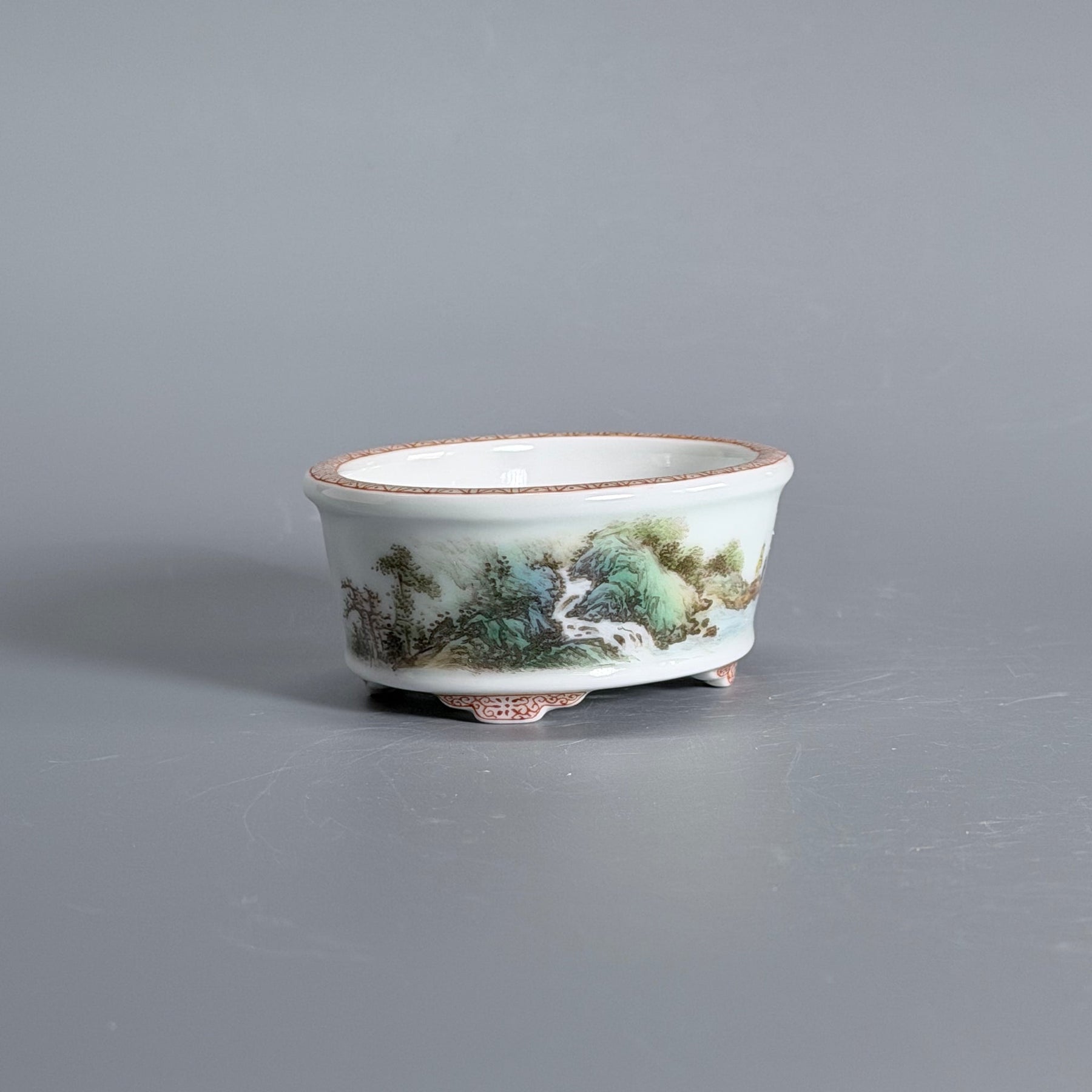Green-and-Blue Landscape Oval Mame Bonsai Pot