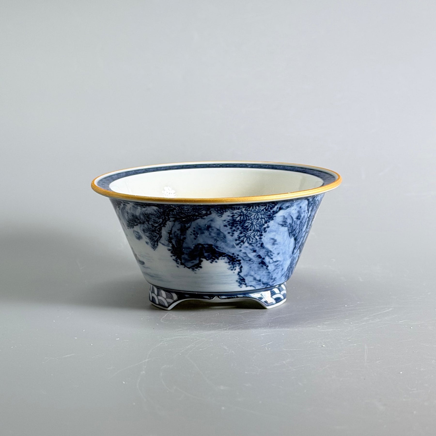 Blue-and-White Fisherman Landscape Round Bonsai Pot