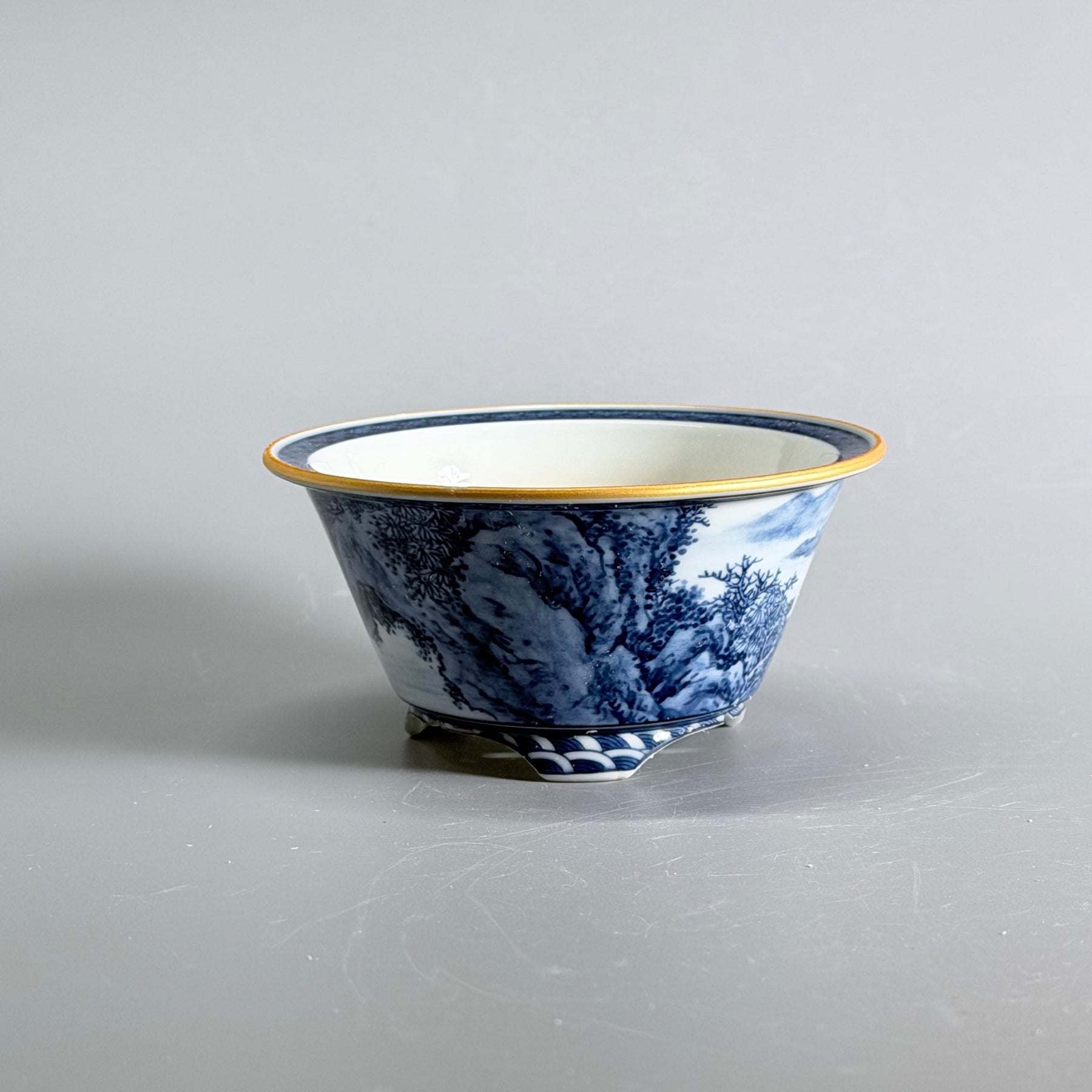 Blue-and-White Fisherman Landscape Round Bonsai Pot