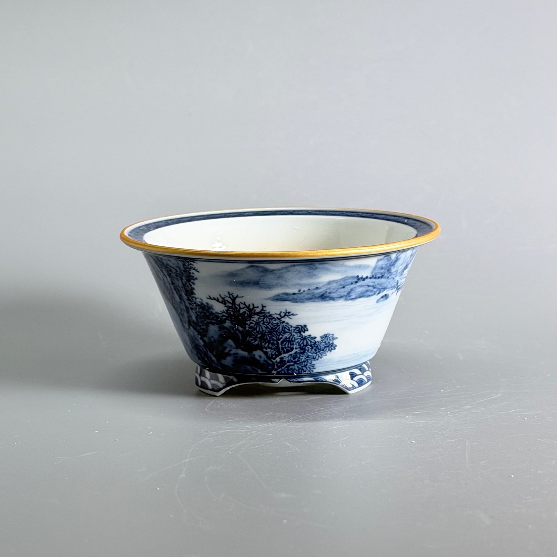 Blue-and-White Fisherman Landscape Round Bonsai Pot