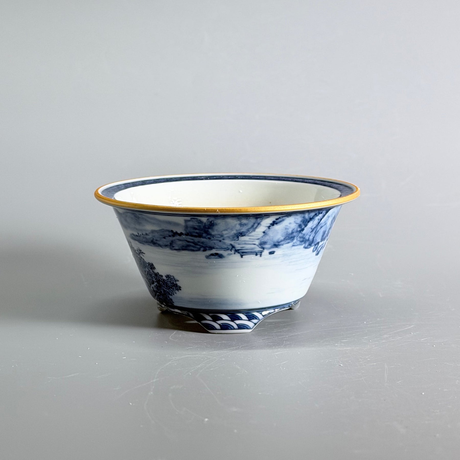 Blue-and-White Fisherman Landscape Round Bonsai Pot