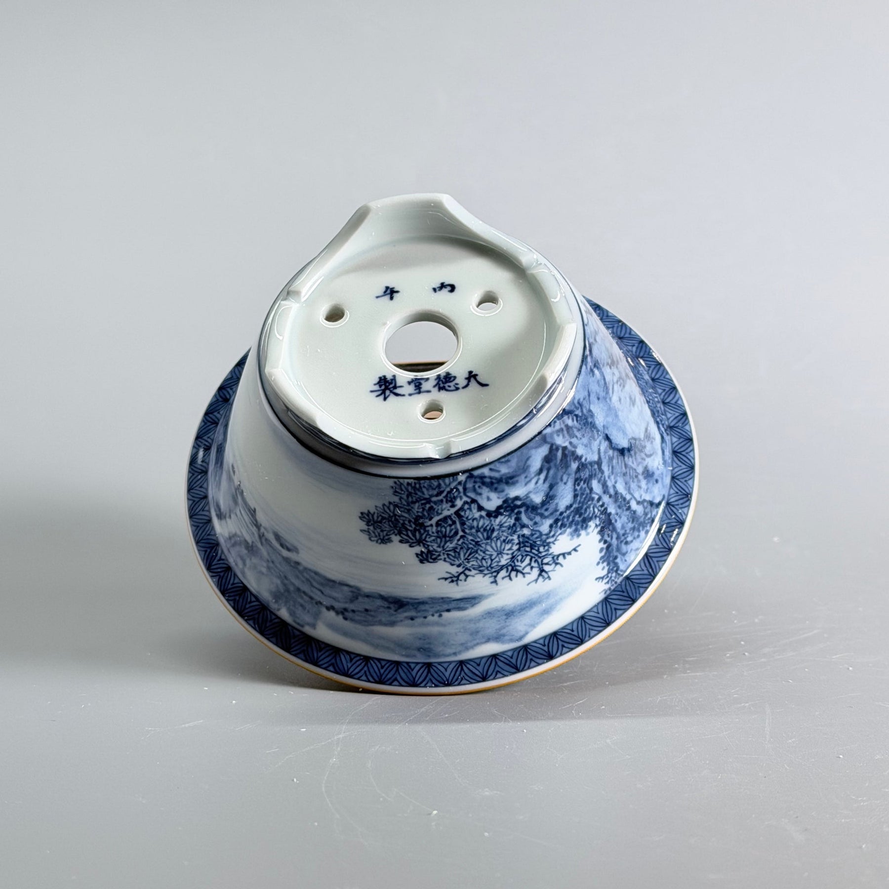 Blue-and-White Fisherman Landscape Round Bonsai Pot