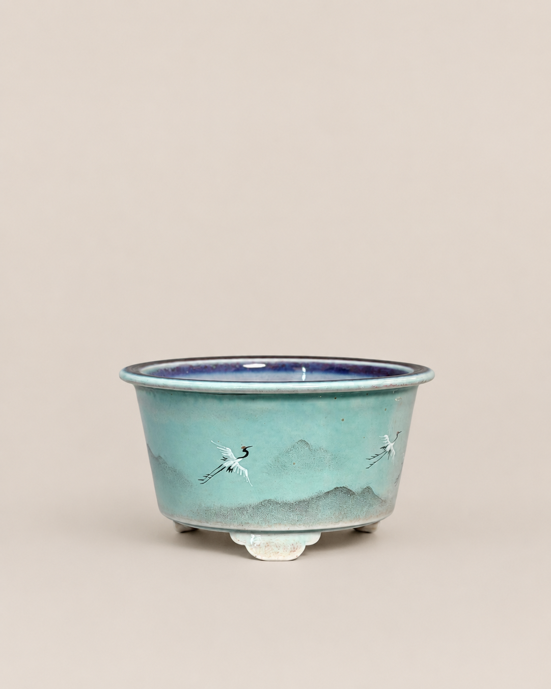 Celadon Crane Landscape Flared-Rim Round Bonsai Pot