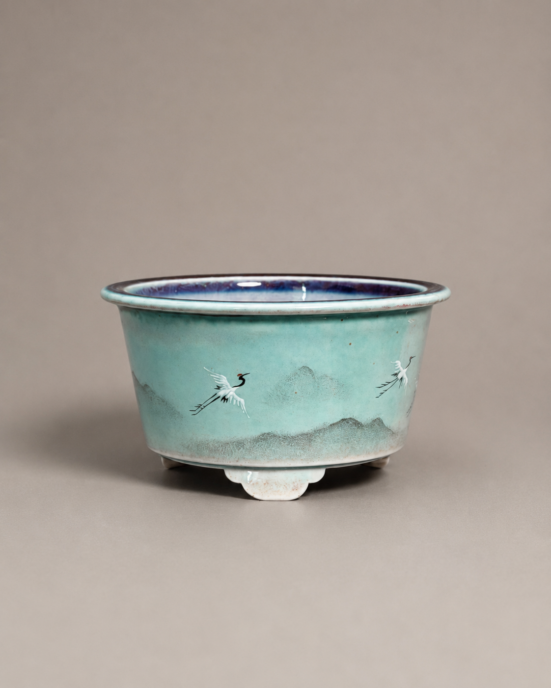 Celadon Crane Landscape Flared-Rim Round Bonsai Pot
