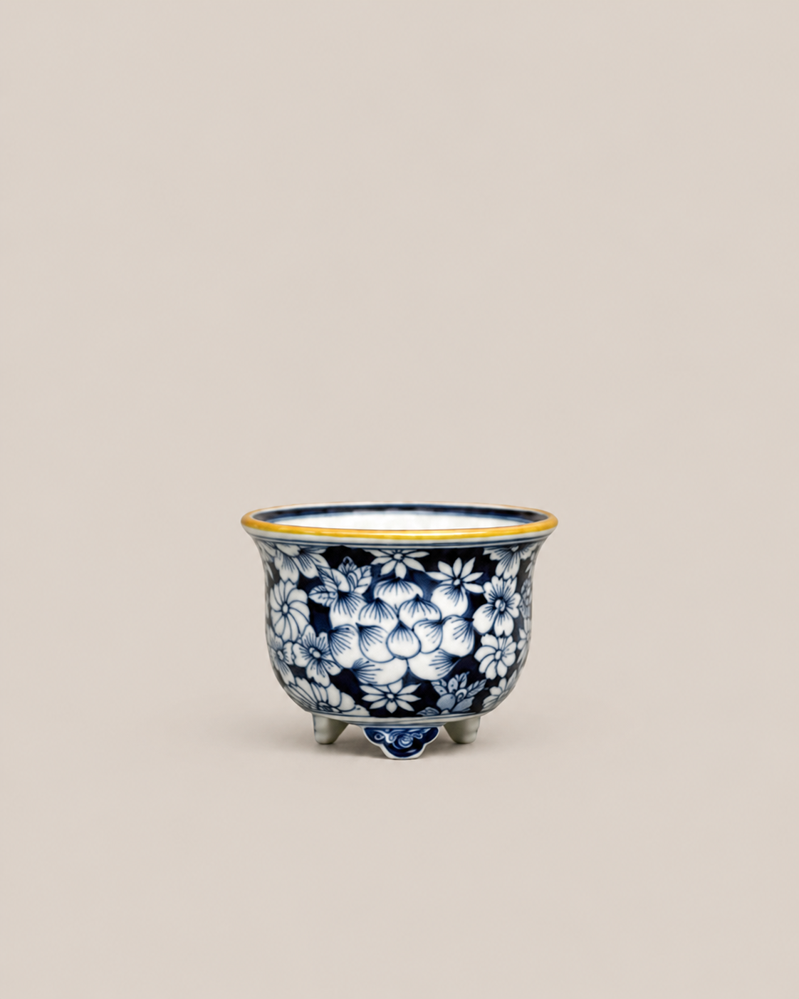 Blue-and-White Floral Flared-Rim Round Bonsai Pot