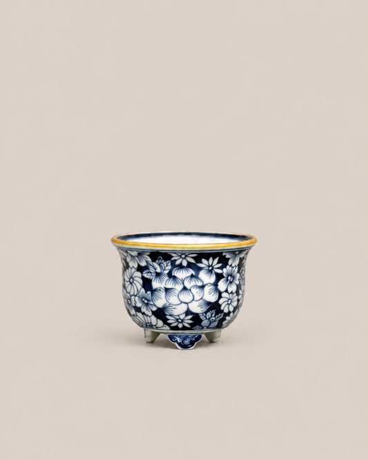 Blue-and-White Floral Flared-Rim Round Bonsai Pot